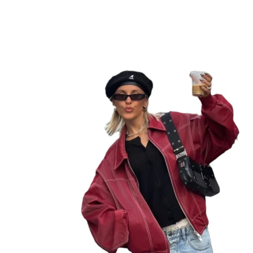 Damen Kunstlederjacke mit elastischen Bündchen und hochschließendem Kragen Drune