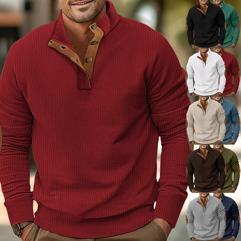 Herren nan gerippter Stehkragen-Strickpullover mit verdeckter Knopfleiste und Lederimitat-Ellenbogenbesatz Drune