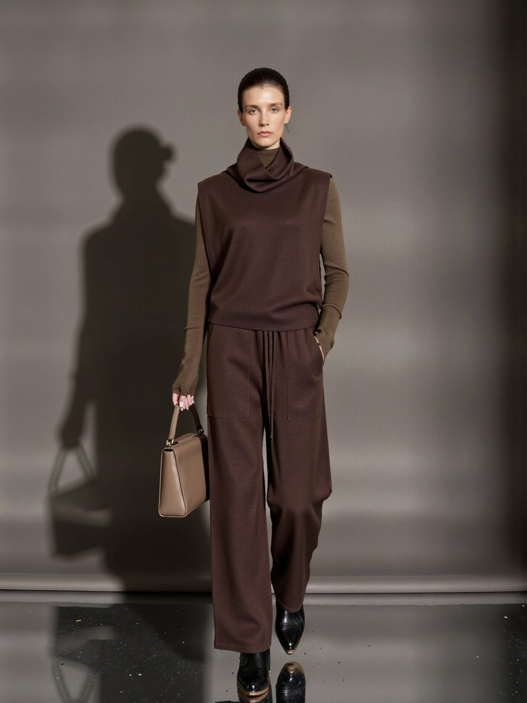 Damen Modischer Strickpullover mit hohem Kragen und weiten Hosen Drune