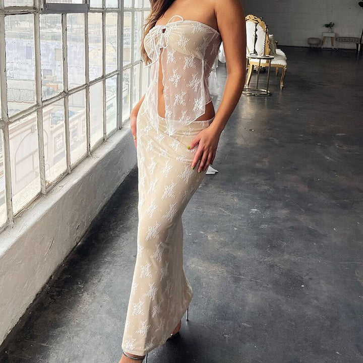 Damen Transparentes Spitzen-Maxikleid Drune