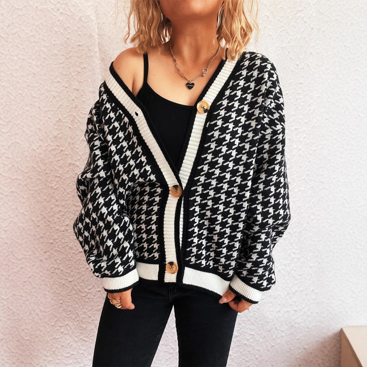 Damen lässiger Strickcardigan mit modischem Hahnentritt-Muster und Holzknöpfen Drune
