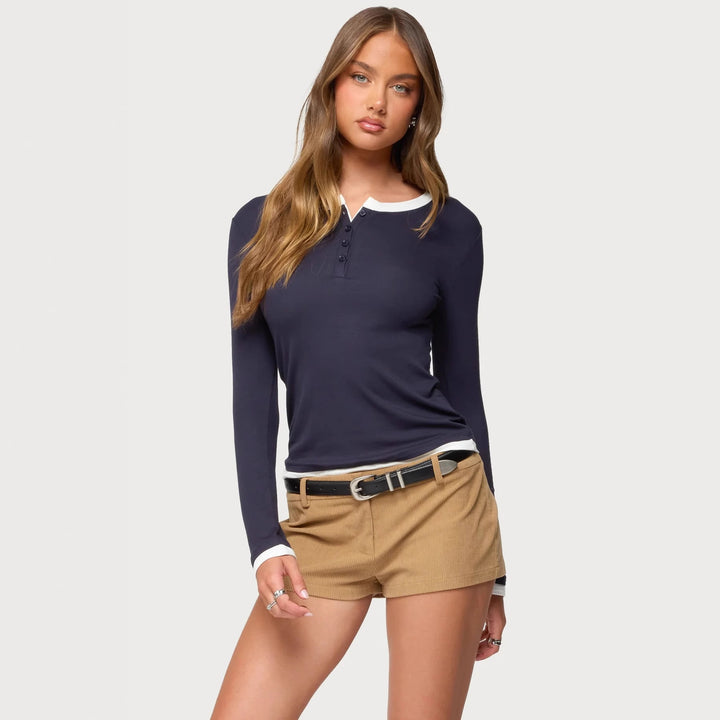 Damen Langarmshirt mit funktionalem Knopfleiste und Kontrastkragen Drune