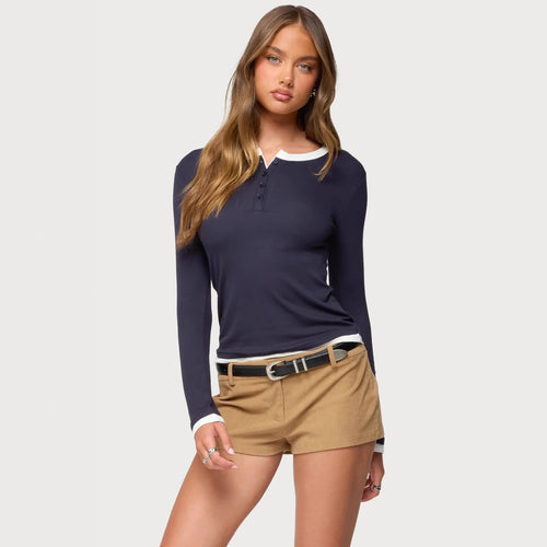 Damen Langarmshirt mit funktionalem Knopfleiste und Kontrastkragen Drune