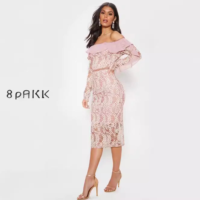 Damen Figurbetontes Spitzenkleid mit schulterfreiem Design und Rüschendetails Drune