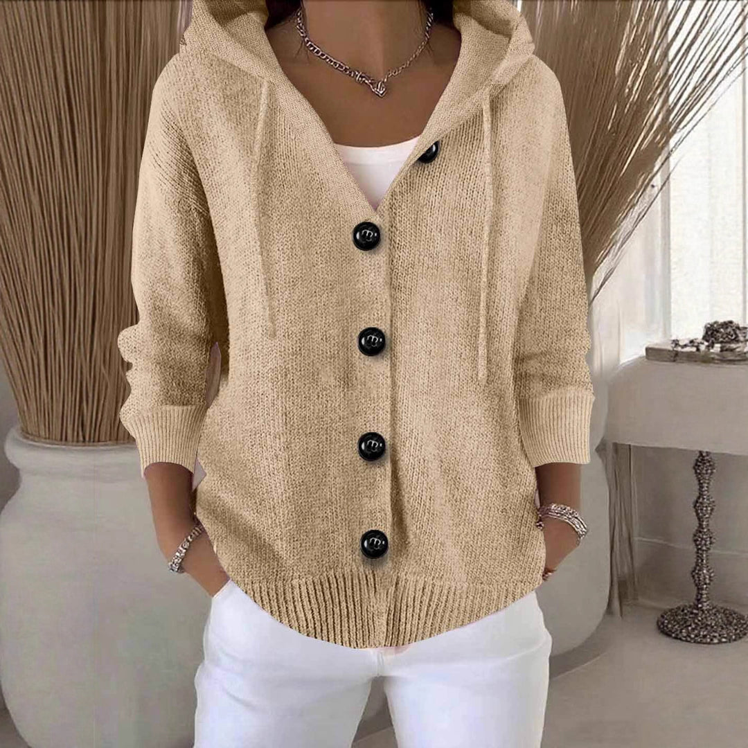 Damen lässige Strickjacke mit Kapuze und großen Knöpfen Drune