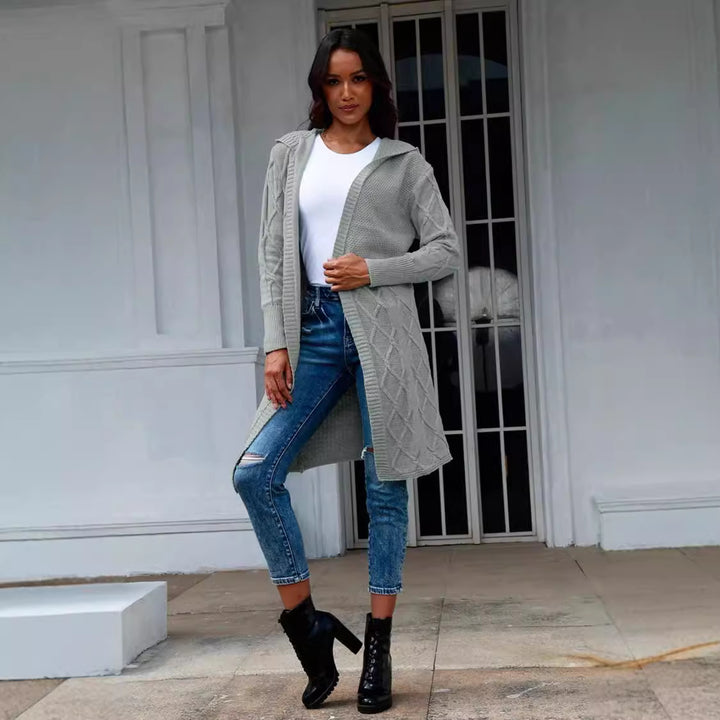Damen Strickjacke mit Kapuze und Zopfmuster Drune