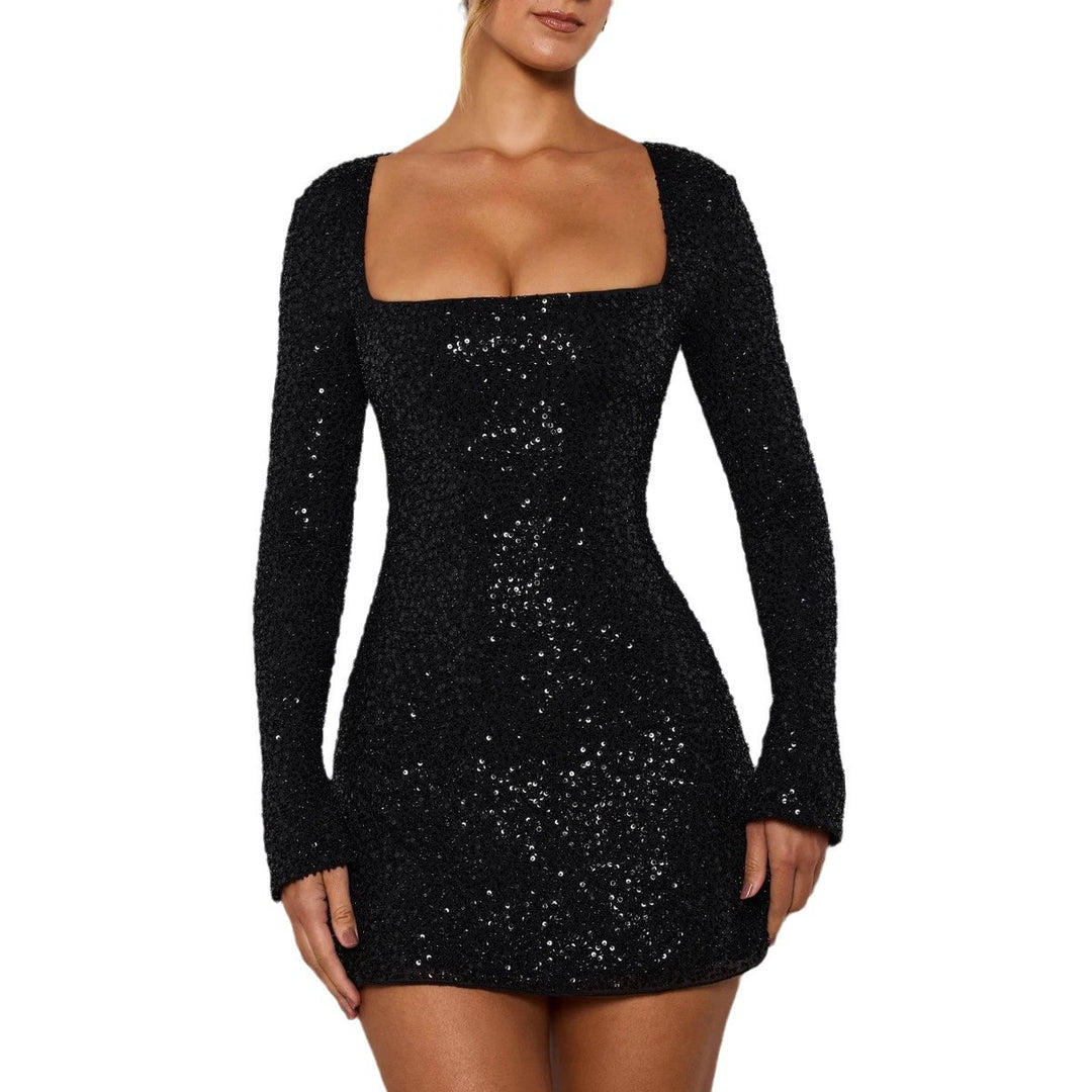Damen Glitzerndes Minikleid mit langem Arm und elegantem U-Bootausschnitt Drune