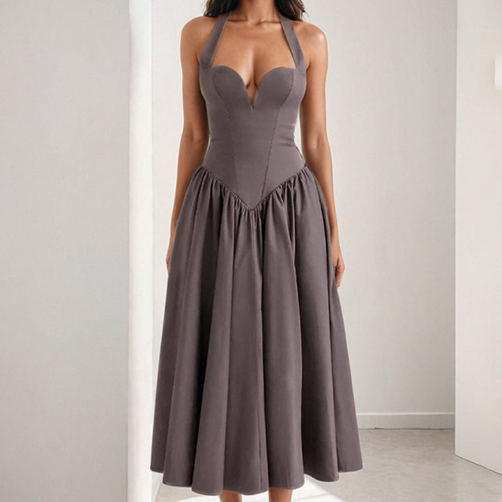 Damen Midi-Kleid mit herzförmigem Ausschnitt und voluminösem Rock Drune