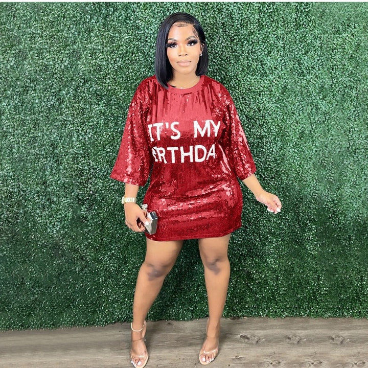 Damen Glitzerndes Partykleid mit kurzen Ärmeln und lässigem Schnitt Drune