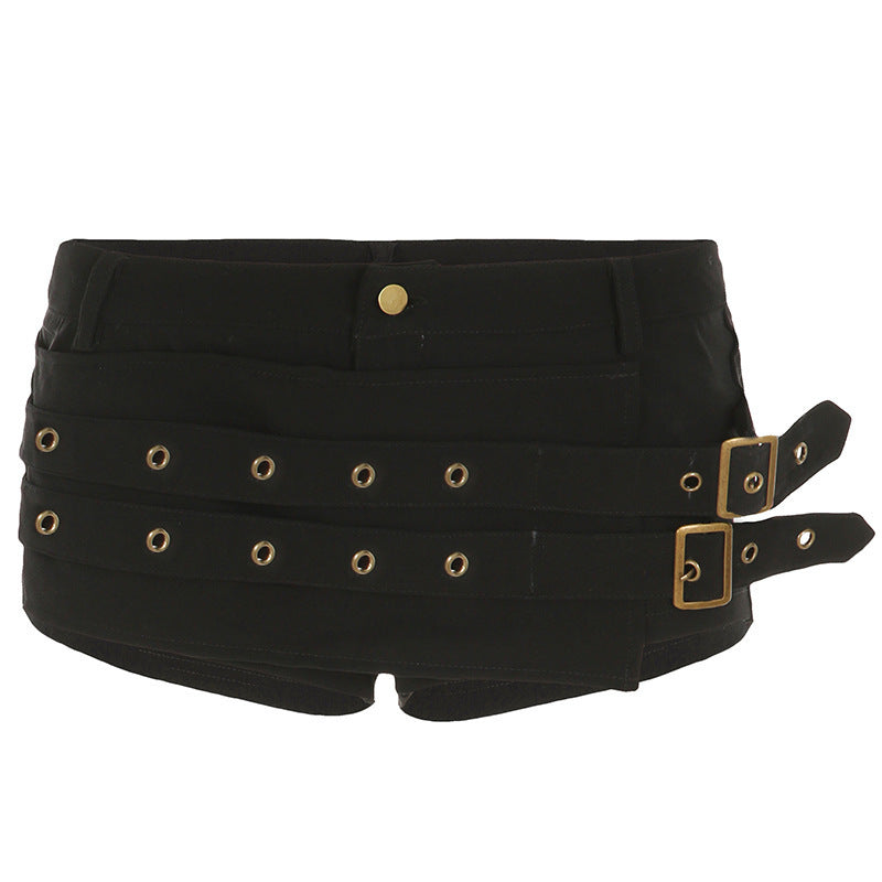 Damen Modische Shorts mit dekorativen Schnallen und Gürtelschlaufen Drune