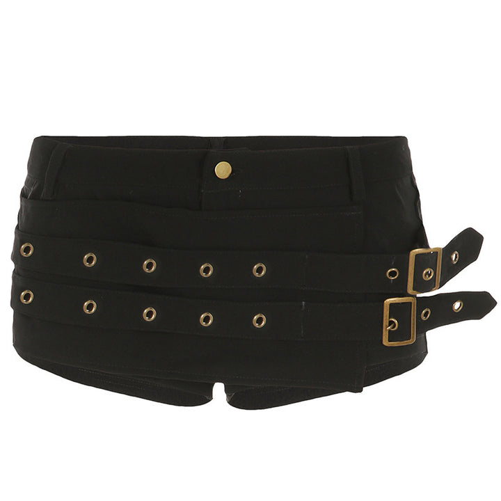 Damen Modische Shorts mit dekorativen Schnallen und Gürtelschlaufen Drune