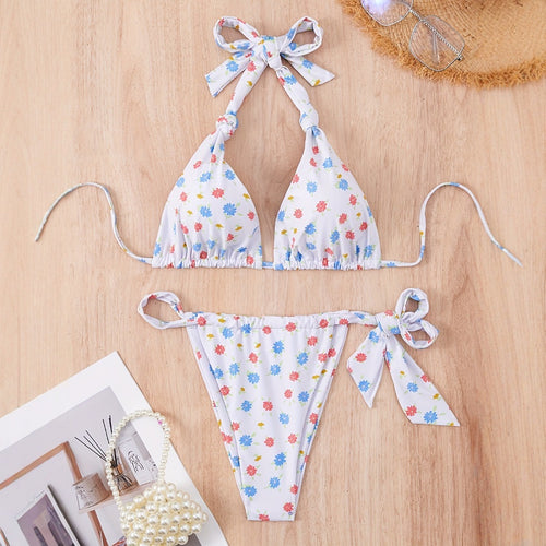 Damen Floral gemusterter Triangel-Bikini mit verspieltem Bindeband Drune