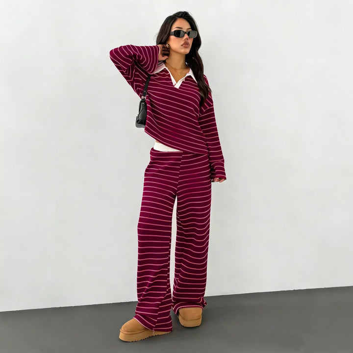 Damen lässiges Strick-Set mit breiten Streifen und samtigem Kragen Drune