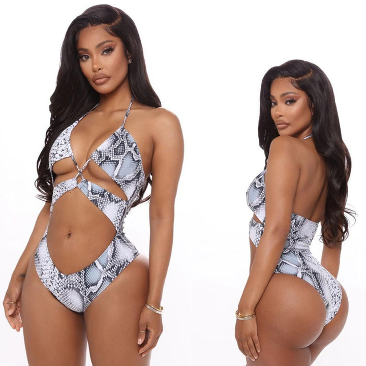 Damen Einteiler Badeanzug mit aufregendem Schlangenprint und modischen Cut-Outs Drune