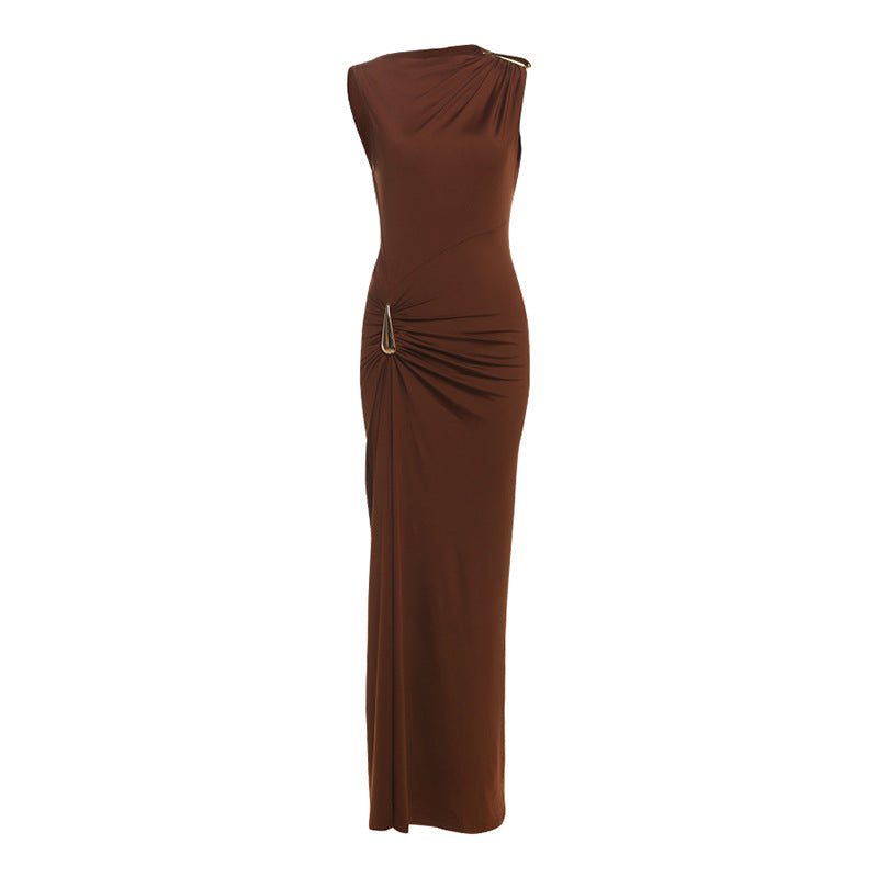 Damen Elegantes Maxikleid mit asymmetrischem Schnitt und Raffungen Drune