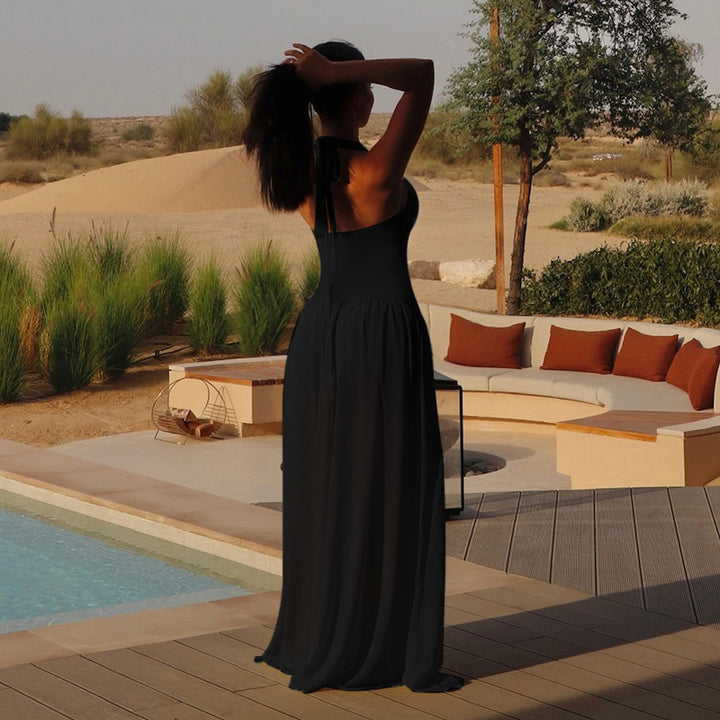 Damen Maxikleid mit tieferem V-Ausschnitt und zarten Transparenzelementen Drune