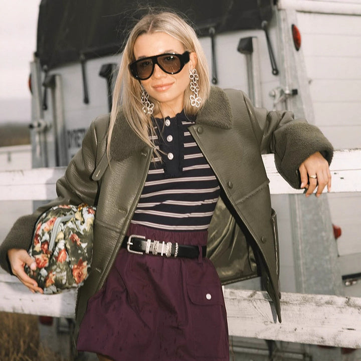 Damen Kunstlederjacke mit flauschigem Kragen und praktischen Taschen Drune