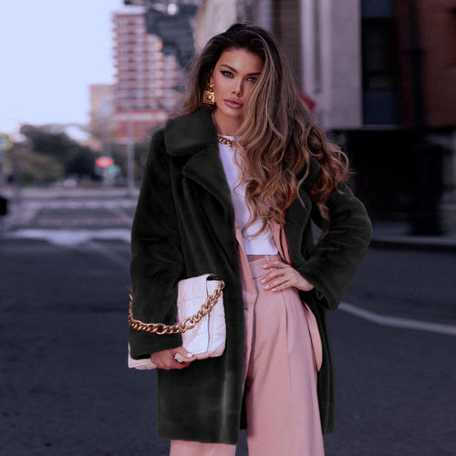 Damen Eleganter Kunstpelzmantel mit breitem Revers und weitem Schnitt Drune