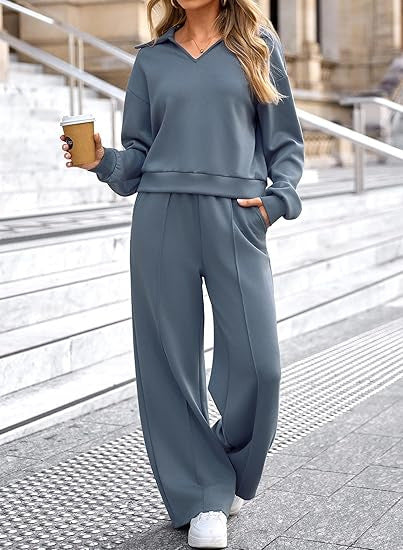 Damen lässiges Freizeit-Set mit V-Ausschnitt und weitem Schnitt Drune
