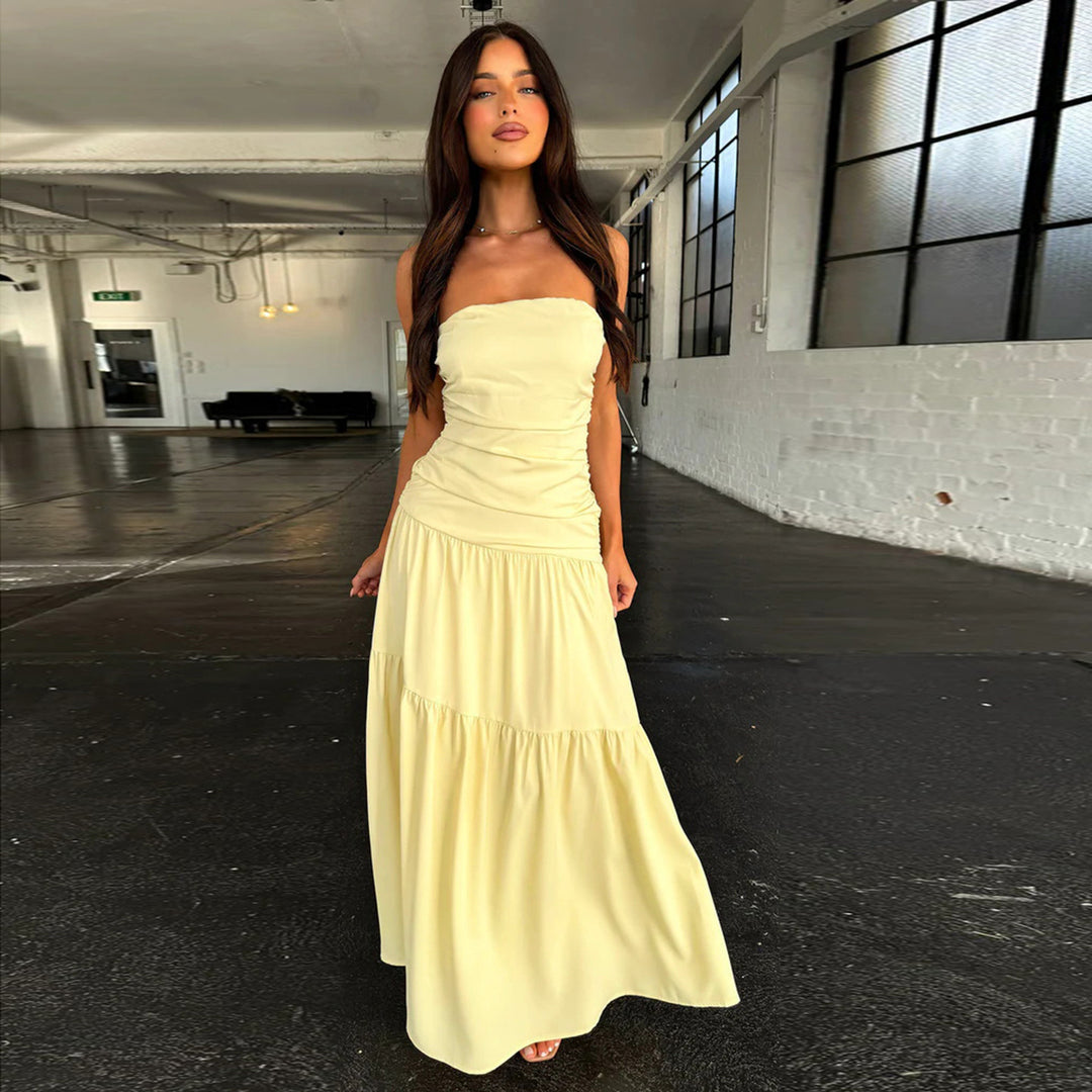 Damen romantisches Wickelkleid mit voluminösem Rock und gerafftem Oberteil Drune
