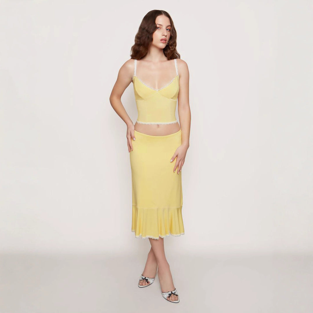 Damen Crop-Top und Midirock Set mit Rüschensaum Drune