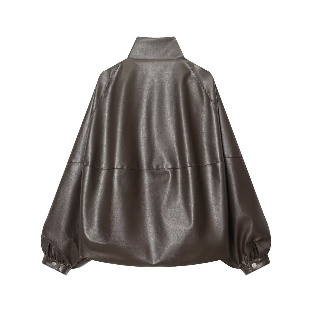 Damen Kunstlederjacke mit voluminösen Ärmeln und gewelltem Design Drune
