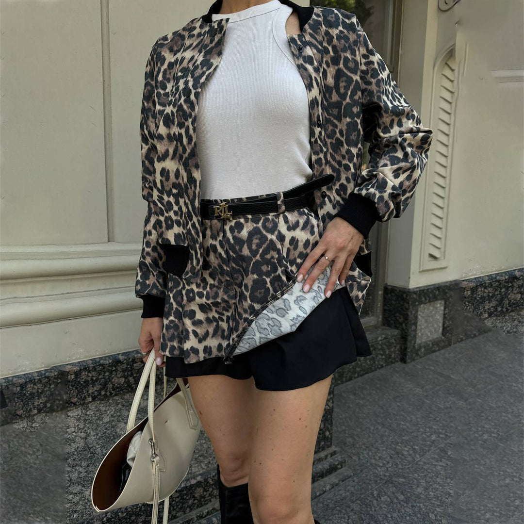 Damen Set bestehend aus Leopardenmuster-Blouson und Rock Drune
