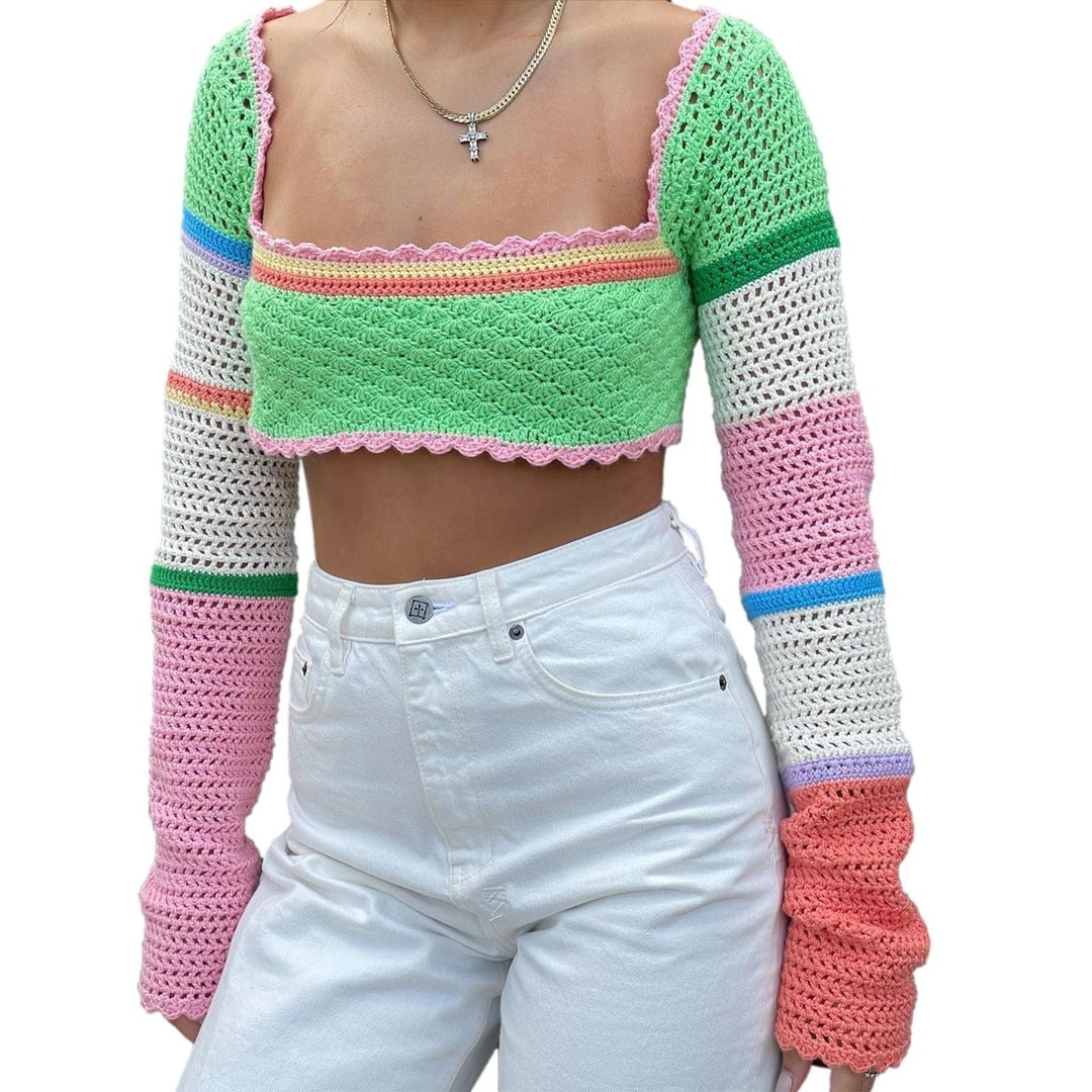 Damen gehäkeltes Crop-Top mit breiten, bunten Ärmeln Drune