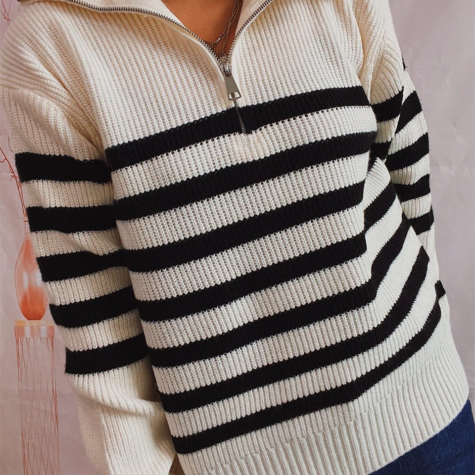 Damen gestreifter Pullover mit modernem Stehkragen und kurzer Reißverschluss Drune