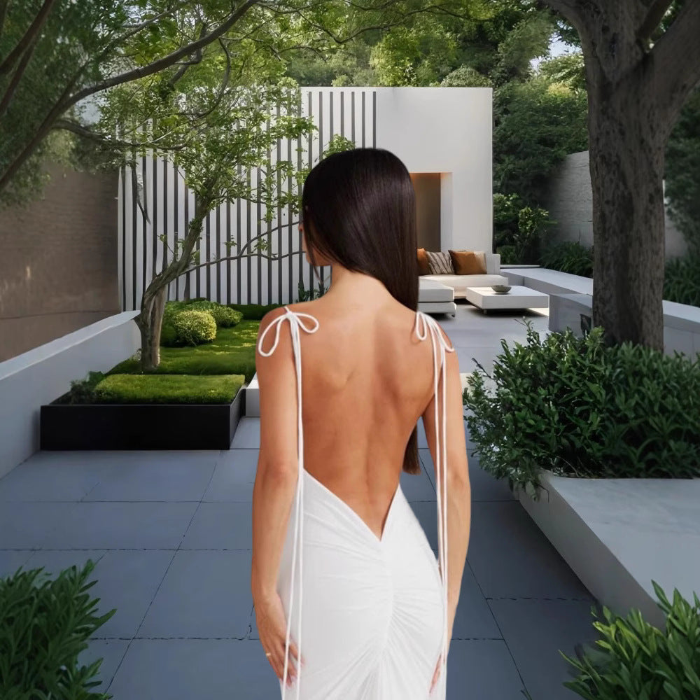 Damen Elegantes Rückenfreies Maxikleid mit raffinierten Bindebändern Drune