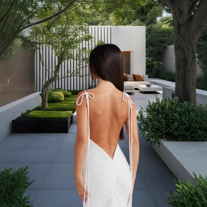 Damen Elegantes Rückenfreies Maxikleid mit raffinierten Bindebändern Drune