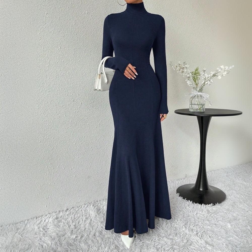 Damen elegantes Langarm-Maxi-Kleid mit hohem Kragen und schwingendem Saum Drune