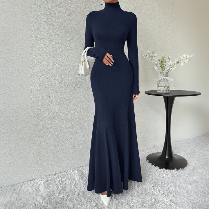 Damen elegantes Langarm-Maxi-Kleid mit hohem Kragen und schwingendem Saum Drune