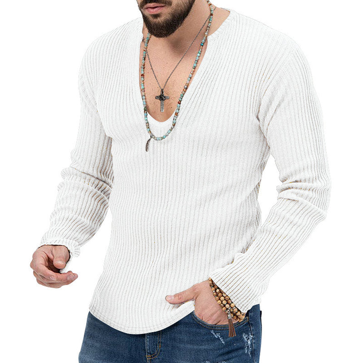 Herren Langarm-Rippenpullover mit tiefem V-Ausschnitt und modernem Schnitt Drune
