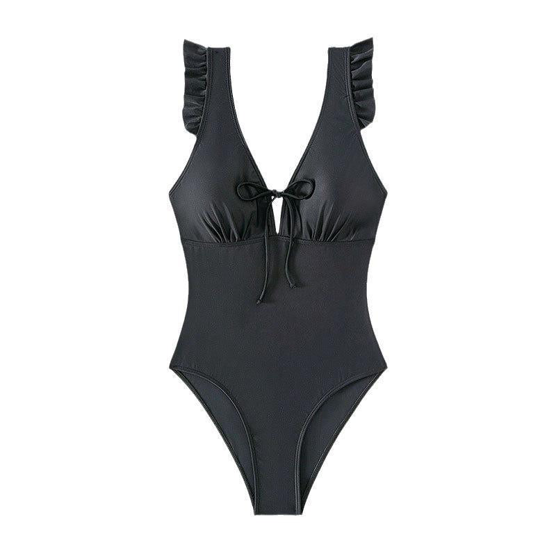 Damen Eleganter Einteiler Badeanzug mit Rüschendetails und tiefem V-Ausschnitt Drune