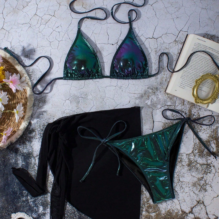 Damen Glänzender Triangel-Bikini mit Wickelrock Drune