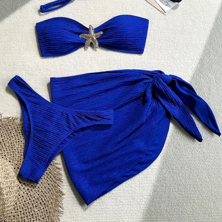 Damen Bandeau-Bikini-Set mit verspieltem Wickelrock und funkelndem Starfish-Detail Drune