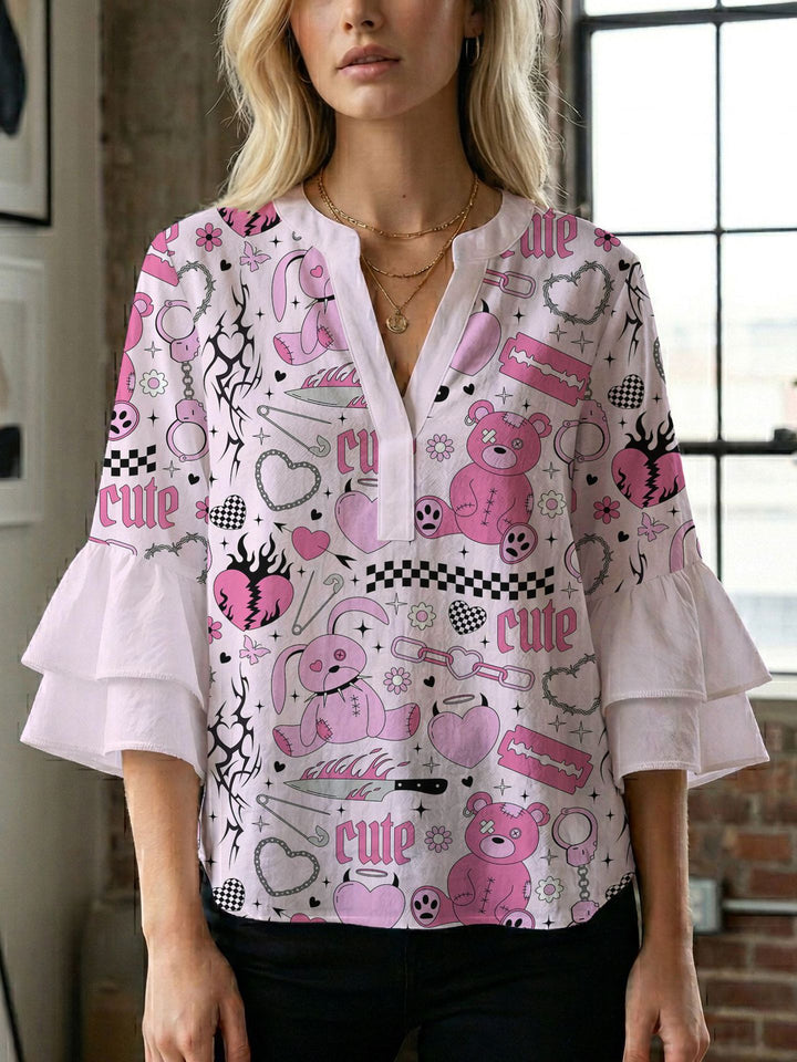 Damen Blusenshirt mit voluminösen Ärmeln und kreativem Druckdesign Drune