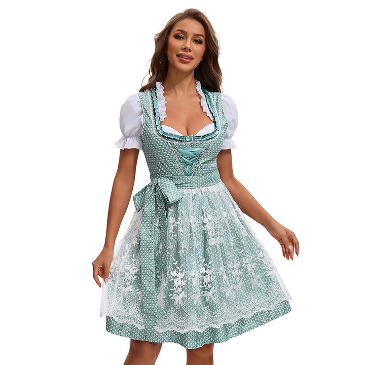 Damen nan kurzes Landhaus-Dirndl mit bestickter Tüllschürze, gerafftem Mieder und Puffärmeln Drune