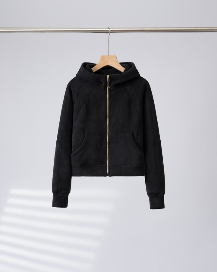 Damen kuschelige Kapuzenjacke mit hohem Kragen und praktischen Taschen Drune