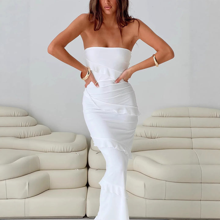 Damen Elegantes Maxi-Kleid mit Rüschendetails und schulterfreiem Design Drune