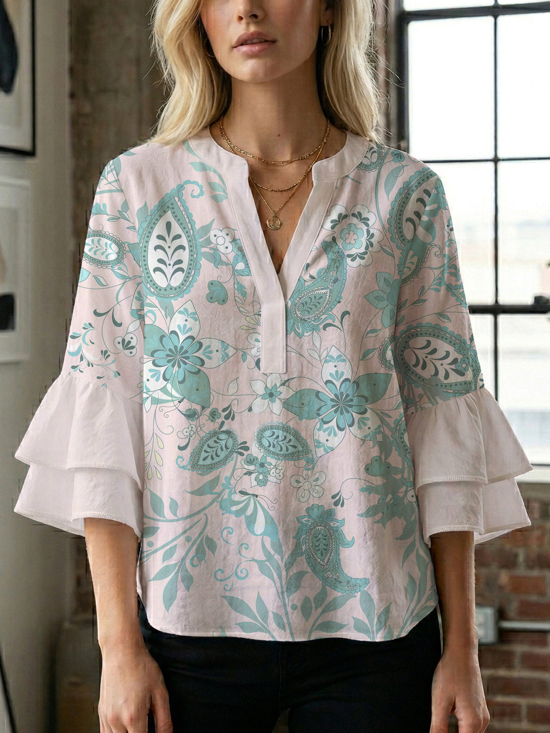 Damen elegantes Blusenshirt mit voluminösen Rüsenärmeln und grafischem Blumendesign Drune
