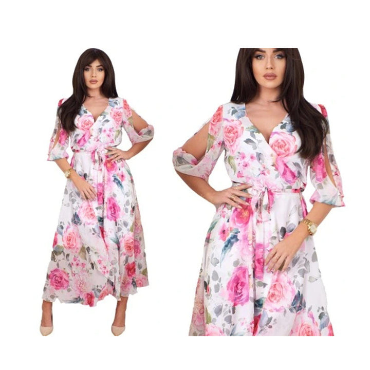 Damen Maxikleid mit schulterfreien Ärmeln und floralem Design Drune