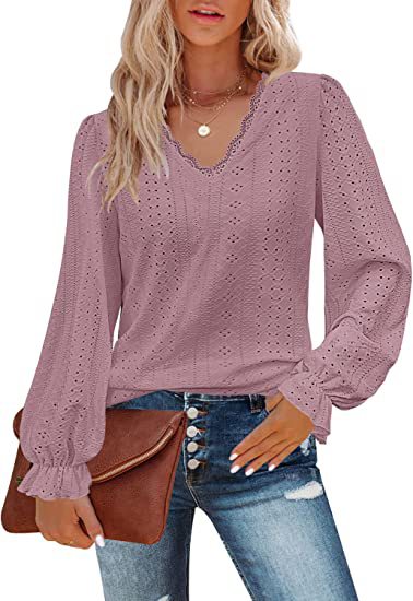 Damen Bluse mit Spitzenmuster und Ballonärmeln Drune