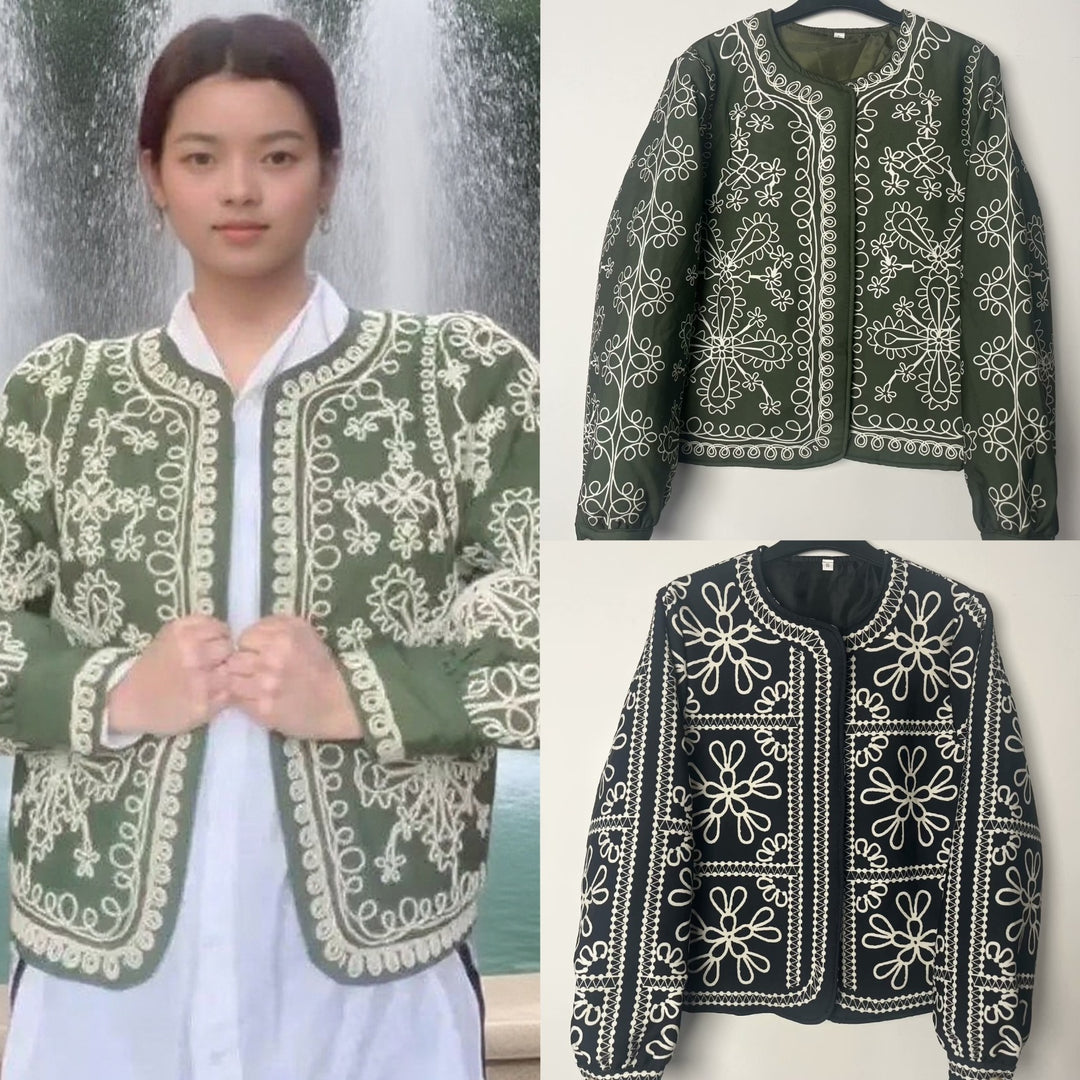 Damen gestepptes Oberteil mit floralem Design und eleganter Knopfleiste Drune