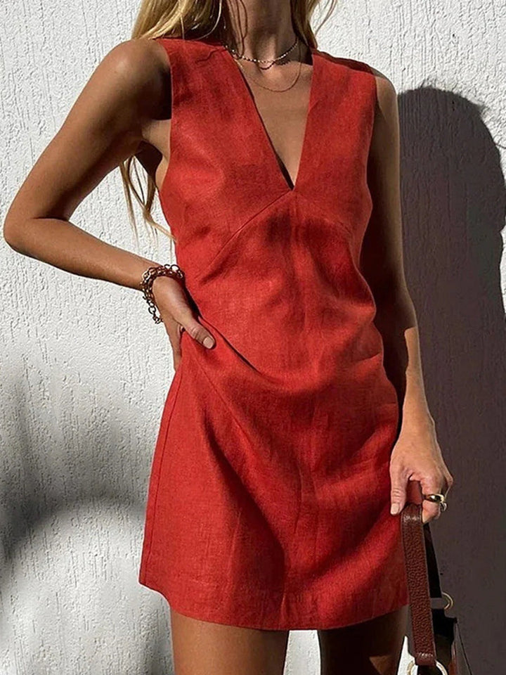 Damen leichtes Leinenkleid mit tiefem V-Ausschnitt und ärmellosem Design Drune