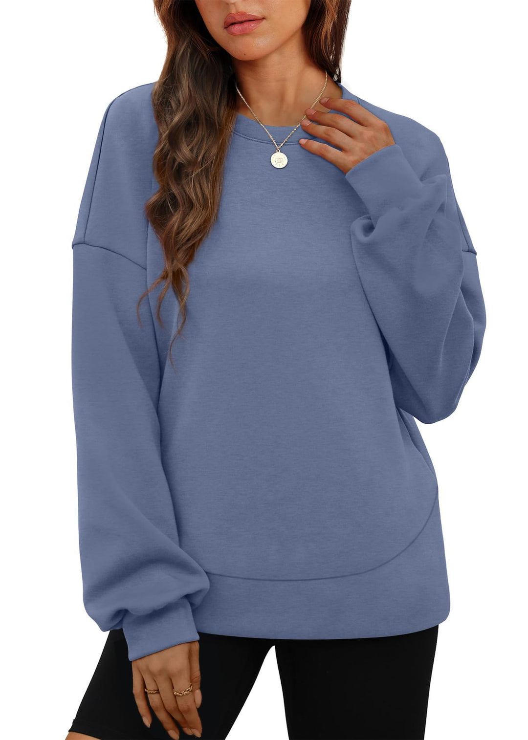 Damen nan lässiges Oversize Rundhals-Sweatshirt mit überschnittener Schulter gerundetem Saum und weichem Innenfutter Drune