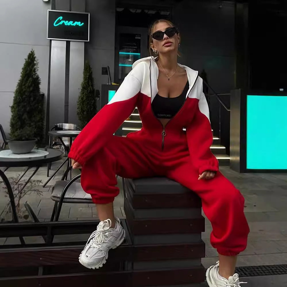 Damen nan zweiteiliges Crop-Zip-Hoodie und Highwaist Relaxhose mit weitem Bein Drune