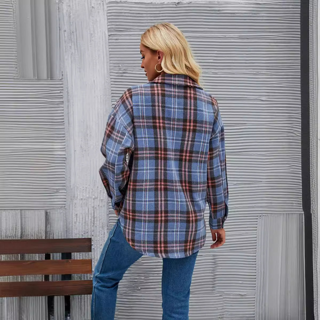 Damen Flanellhemd mit kariertem Muster und zwei Brusttaschen Drune