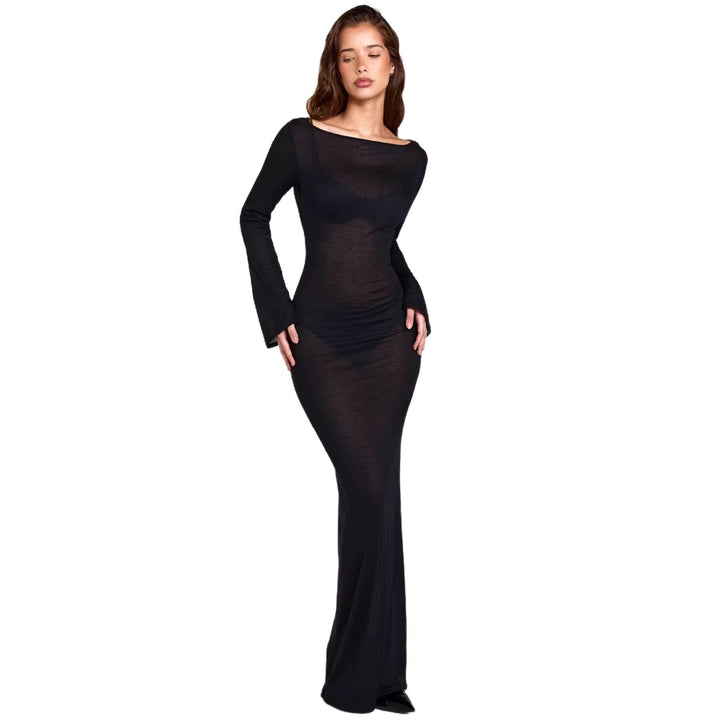 Damen elegantes langärmliges Maxikleid aus transparentem Stoff mit figurbetontem Schnitt Drune